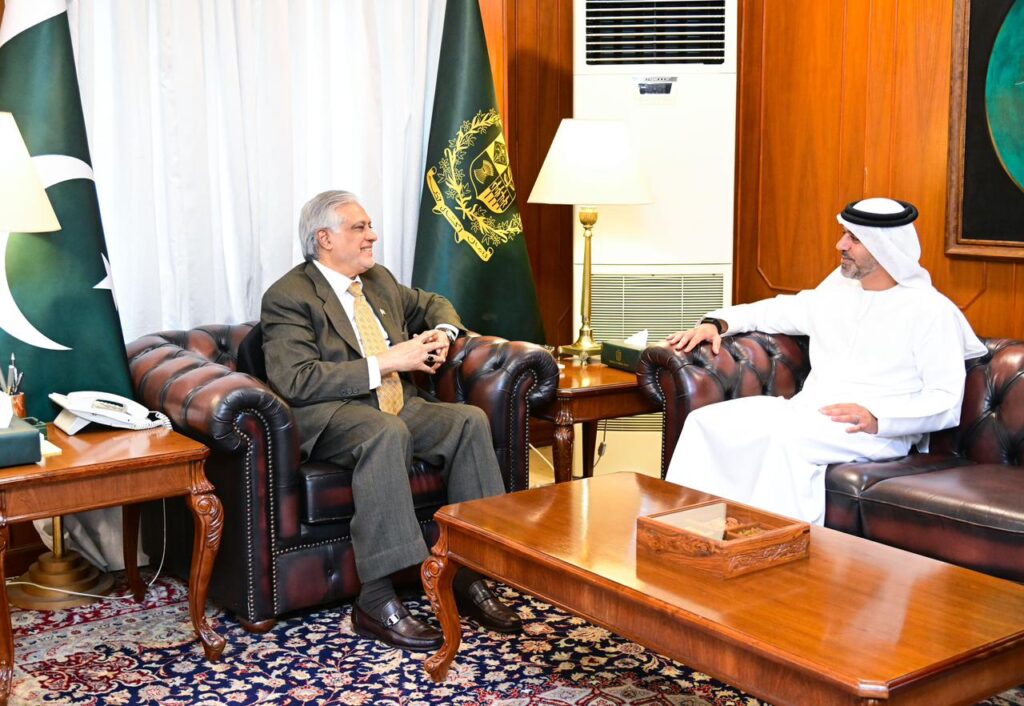 : Deputy Prime Minister/Foreign Minister, Senator Mohammad Ishaq Dar received a farewell call from the Ambassador of UAE, Hamad Obaid Ibrahim Salem Al-Zaabi, on the completion of his tenure in Pakistan.
