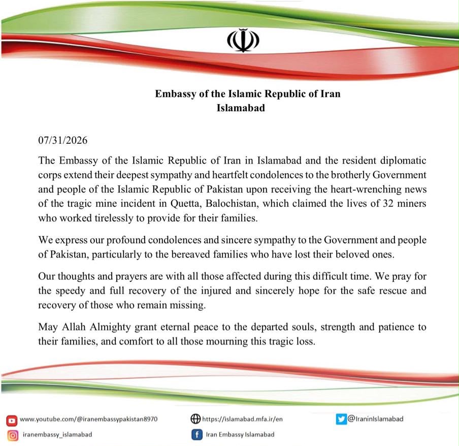 Embassy of Iran Expresses Condolences to Pakistan